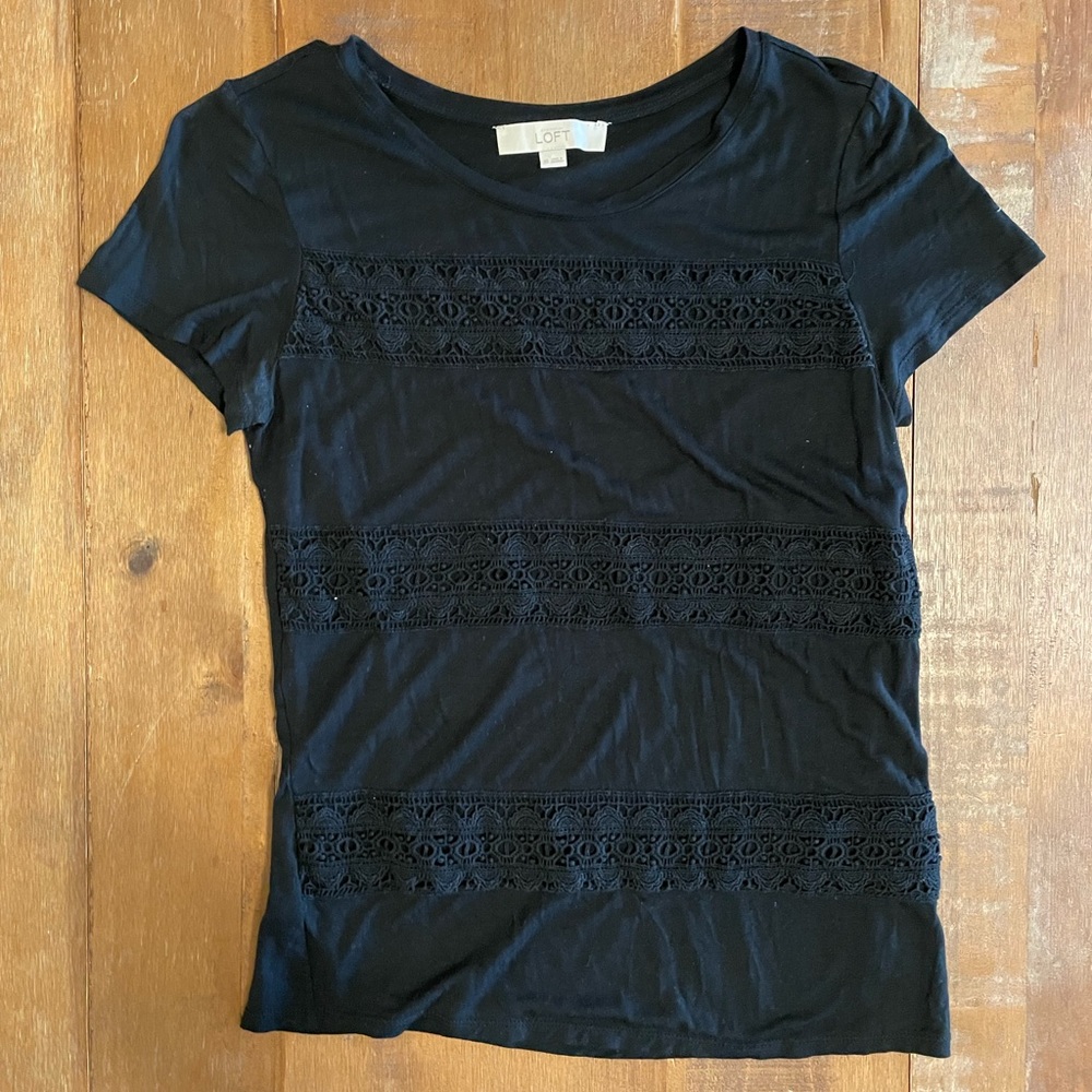 LOFT XS Black Crochet Front T-Shirt
